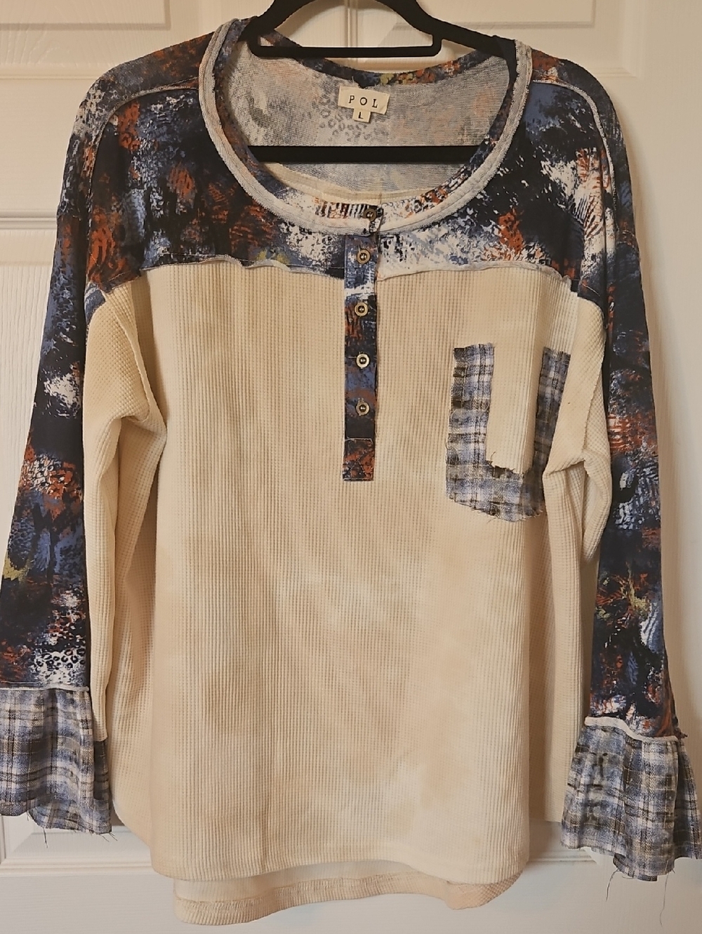 POL Cream Waffle Knit Top with Blue and Rust Accents